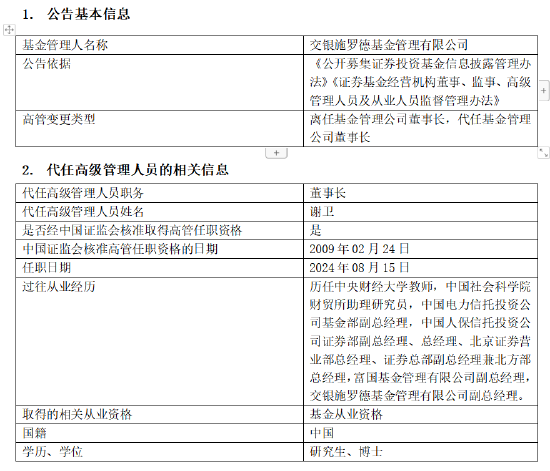 正式官宣！交银施罗德基金阮红到龄退休  总经理谢卫代履董事长职责