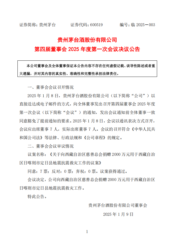 茅台向西藏日喀则市定日县捐赠2200万元，用于抗震救灾