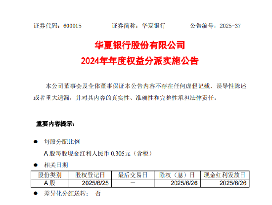 华夏银行：2024年度每股派0.305元（含税） 6月26日除权除息 第1张