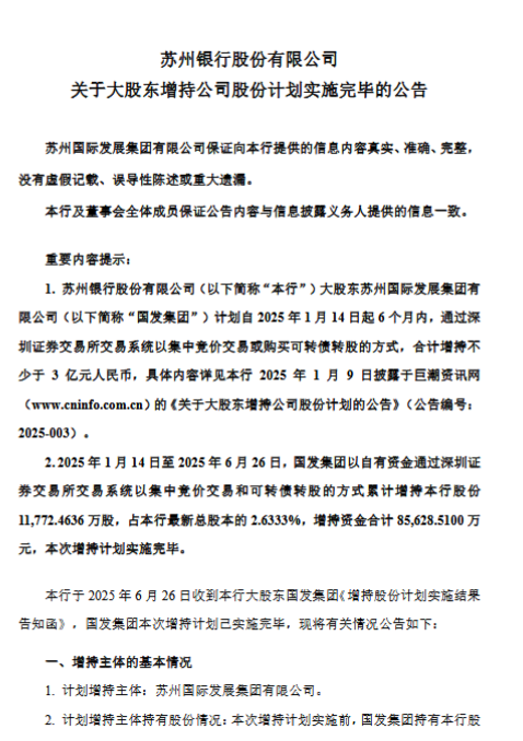 苏州银行：大股东国发集团增持2.6333%股份计划实施完毕 第1张