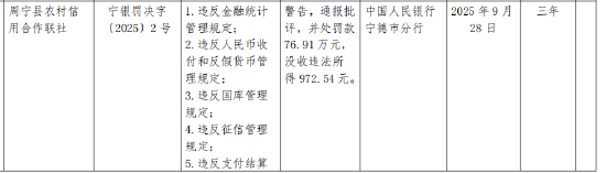 周宁县农村信用合作联社被罚76.91万元：违反金融统计管理规定等 第1张